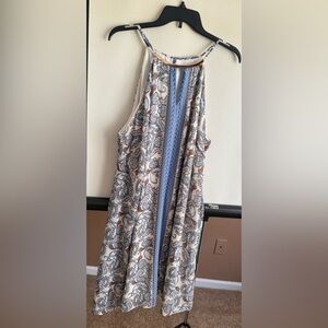 Avenue Blue and Cream Backless Dress built in Goldtone solid necklace